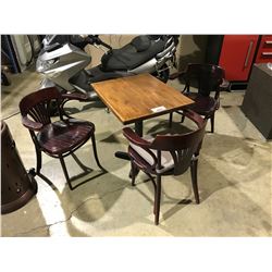 DARK WOOD 30"W X 24"L X 30"H RESTAURANT TABLE WITH 3 CHERRY CAFE ARM CHAIRS