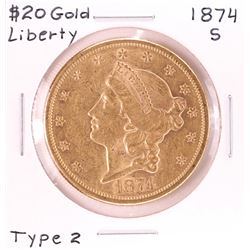 1874-S $20 Type 2 Liberty Head Double Eagle Gold Coin