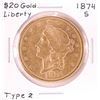Image 1 : 1874-S $20 Type 2 Liberty Head Double Eagle Gold Coin