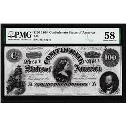 1864 $100 Confederate States of America Note T-65 PMG Choice About Uncirculated 58