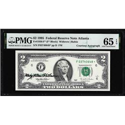 1995 $2 Federal Reserve Star Note PMG Gem Uncirculated 65EPQ Courtesy Autograph