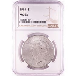 1925 $1 Peace Silver Dollar Coin NGC MS63