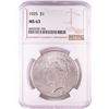 Image 1 : 1925 $1 Peace Silver Dollar Coin NGC MS63