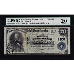 1902PB $20 Peoples NB of Washington, PA CH# 9901 National Currency Note PCGS VF20