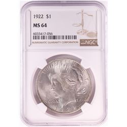 1922 $1 Peace Silver Dollar Coin NGC MS64