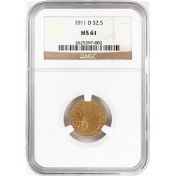 1911-D $2 1/2 Indian Head Quarter Eagle Gold Coin NGC MS61