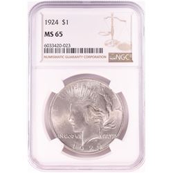 1924 $1 Peace Silver Dollar Coin NGC MS65