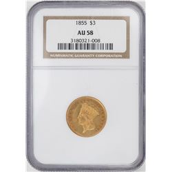 1855 $3 Indian Princess Head Gold Coin NGC AU58