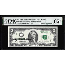 1995 $2 Federal Reserve Star Note PMG Gem Uncirculated 65EPQ Courtesy Autograph