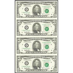 Uncut Sheet of (4) 1995 $5 Federal Reserve Notes Atlanta