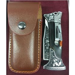 Solid Steel Folding Hunting Knife With Leather Sheath