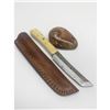 Image 1 : 8 1/2" Inlaid Bone Handle Damascus Shive With Stitched