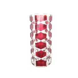 French Red & White Glass Vase With Alternating Panels Of Clear Shapes And Red Hexagons