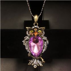 Bejeweled Purple Rhinestone Enchanted Owl Pendant Paired With Necklace Marked 18KGP