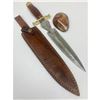 Image 1 : 15 1/2" Brass & Wooden Handled Damascus Shive Sword With Stitched Leather Sheath