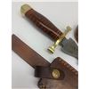 Image 4 : 15 1/2" Brass & Wooden Handled Damascus Shive Sword With Stitched Leather Sheath