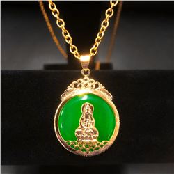 Chinese Green Jade Resting Buddha Paired With An 18 Karat Gold Plated Necklace