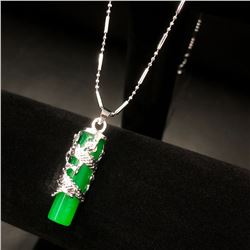 Asian Dragon Jade Cylindrical Pendant On 925 Necklace