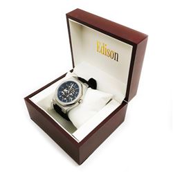 Mens Edison Navy Blue & Brushed Stainless Steel Finish with Black Rubber Band