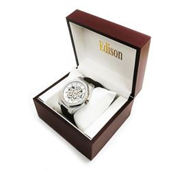 Mens Edison Brushed Stainless Steel Finish & Genuine Leather Band Skeleton Watch