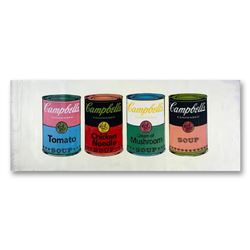 Steve Kaufman (1960-2010), "4 Soup Cans State One" Hand Signed HC Edition Hand Pulled silkscreen mix