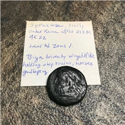 Ancient Greek Bronze Zeus Coin, 212 BC, Syracuse, Sicily, Nike & Victory Horse