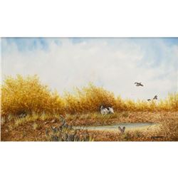 20thc Signed Quail & Pointer Hunting Theme Watercolor Painting