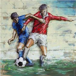 Mixed Media Metal & Wood 3-D Artwork, Soccer Football