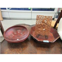 Large Bowl, Wood Tray and Carved Wood Panel