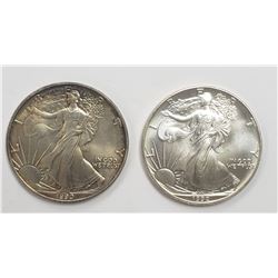 2 - 1992 and 1990 American Silver Eagles 1 oz 999