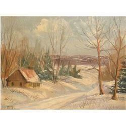 Oil original painting Winter Glory Scene signed S.T. - petite vieille peinture huile Gloire d'hiver