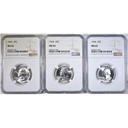 3-1964 WASHINGTON QUARTERS NGC MS-65