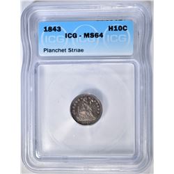 1843 SEATED LIBERTY HALF DIME  ICG MS-64