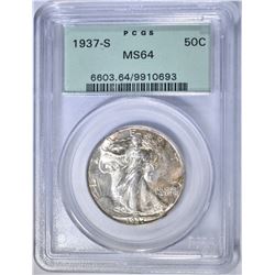 1937-S WALKING LIBERTY HALF DOLLAR  PCGS MS-64 OGH