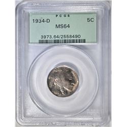 1934-D BUFFALO NICKEL PCGS MS-64 OGH