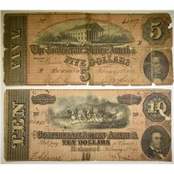 1864 $5 & $10 CONFEDERATE NOTES LOW GRADE