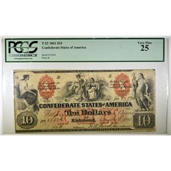 1861 $10 CONFEDERATE NOTE PCGS 25 T-22