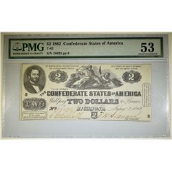 1862 $2 CONFEDERATE NOTE PMG 53 T-42