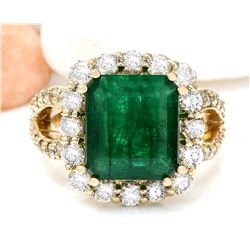 7.49 CTW Natural Emerald 14K Solid Yellow Gold Diamond Ring