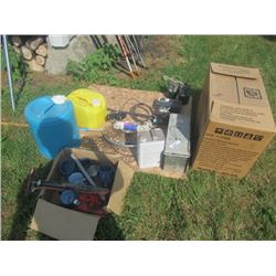 Live trap, Kerosene Heater, 2 Fishing Rods, & Camping Items