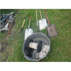 2 Barn Forks, 2 Alum Shovels, Steel Shovels, Potato Fork, Rope, Bungee Straps