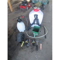 Grass Seed Broadcaster, Back Pack Spryer, Bottle Sprayer, & Flower Bed Tools