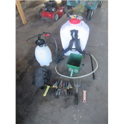 Grass Seed Broadcaster, Back Pack Spryer, Bottle Sprayer, &  Flower Bed Tools