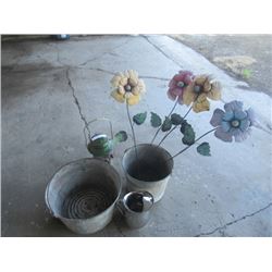 Galvanized Tub, Pail, Coleman Lantern, & Metal Flowers