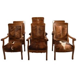 Set of Cowhide Covered Oak Arm Chairs (6)