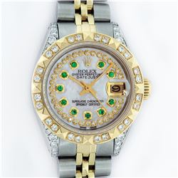 Rolex Ladies 2 Tone Yellow Gold MOP Emerald & Pyramid Diamond Diamond Datejust W