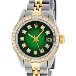 Rolex Ladies 2 Tone Yellow Gold Green Vignette VS Diamond Datejust Wristwatch