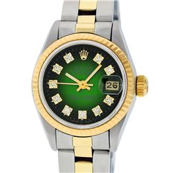 Rolex Ladies 2 Tone Yellow Gold Green Vignette Diamond 26MM Datejust Wristwatch
