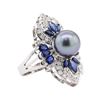 Image 1 : Pearl, Sapphire and Diamond Ring - 14KT White Gold