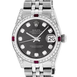 Rolex Womens Midsize 31mm Grey Diamond Lugs & Ruby Datejust Wristwatch